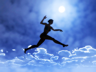 Fototapeta na wymiar Młoda kobieta jest skakanie nad chmurami
