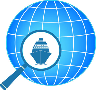blue symbol - icon with ship and magnifier with planet