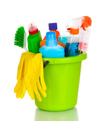 Cleaning items in bucket isolated on white