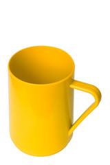 Yellow plastic cup on white background