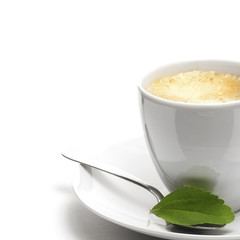 stevia plant and coffee cup, decorative background