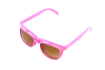 Pink eye glasses with sun shield on white background.