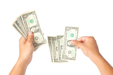 Hand with dollars on white background