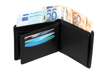 Wallet with euro banknotes isolated with clipping path.