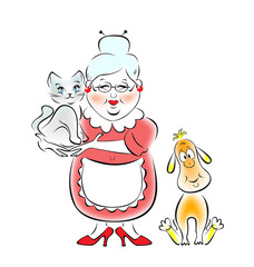 Бабушка с собачкой и котенком