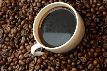 a cup on coffee beans