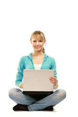 Student girl with laptop sitting cross-legged isolated