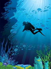 Foto op Plexiglas Prachtig koraalrif en silhouetten van duiker © Natali Snailcat