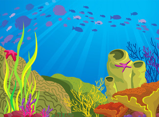 Fototapeta na wymiar Colored coral reef and school of fish
