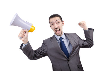 Fototapeta premium Man shouting and yelling with loudspeaker