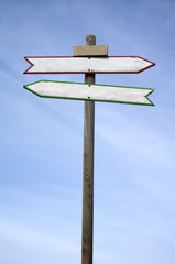 Double directional signs isolated on blue sky