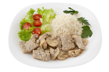 pork with mushrooms, boiled rice and salad
