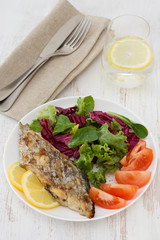 grilled swordfish with salad on the plate
