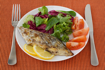 grilled swordfish with salad on the plate
