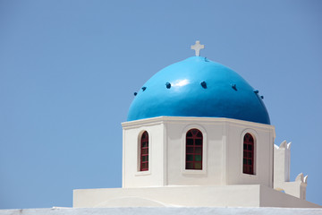 Blue dome of Panagia of Platsani church, Oia, Santorini, Greece.