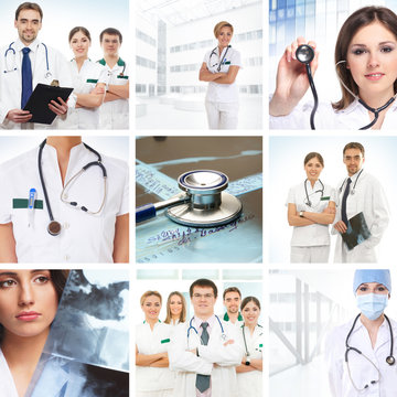 A collage of images with medical workers in white clothes