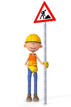 Bauarbeiter mit Baustellenschild Comic