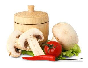 Champignon mushroom with pepper and tomato isolated on white