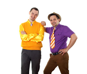 two young man in bright colour wear