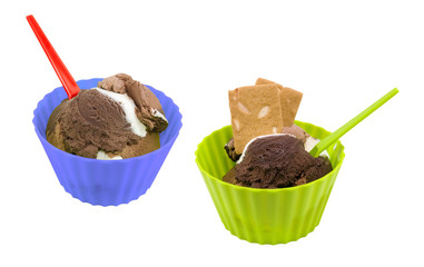 purple and green cups with chocolate ice-cream