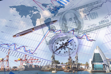 Financial charts with lighthouse on the background