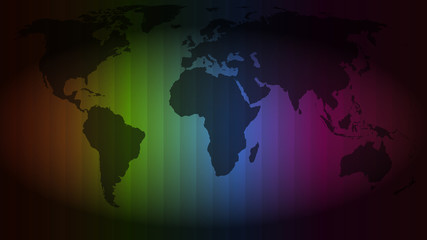World map on multi color background with black shading.