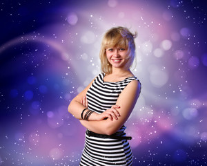 Fototapeta na wymiar Young woman and disco background
