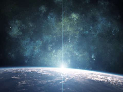Fototapeta Blue Nebula with Planet and rising Sun