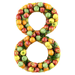 Number eight made from 3d fruits. Isolated on a white.