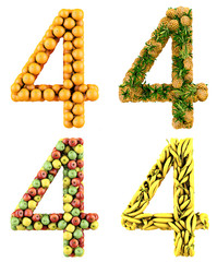 Number 4, made of oranges, pineapples, apples and bananas