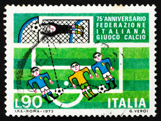 Postage stamp Italy 1973 Soccer players and goal