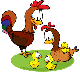 dessin animé coq, poule et poulets
