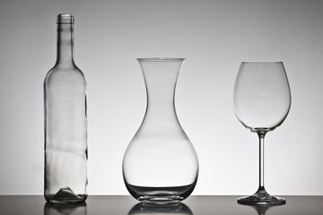 Bottle, decanter and glass