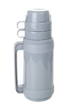 Gray plastic thermos with two cups