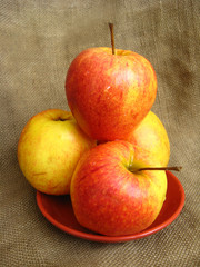 four nice apples on the plate, on the brown background