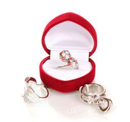 Silver ring with red, pink and clear crystals in red velvet box