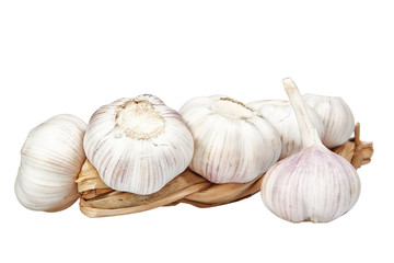 Braid of garlic on a white background.