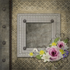 Old vintage album cover with frame, flowers, lace