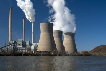 Three cooling towers (closed-loop system) at a power plant.