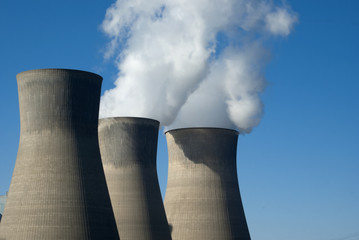 Three cooling towers (closed-loop system) at a power plant.