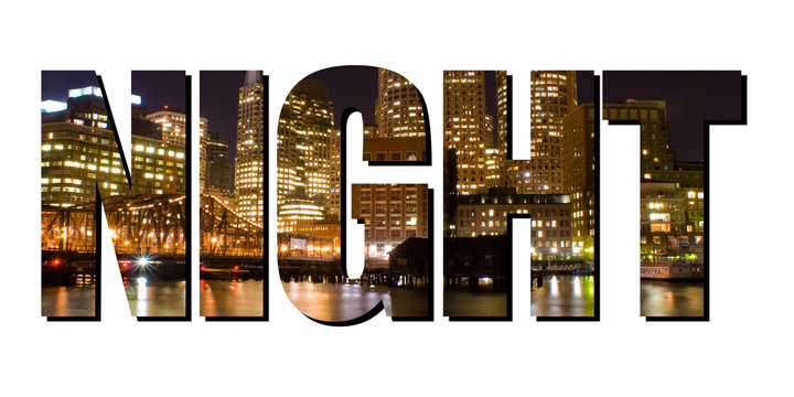 The word "Night" cut out of a city picture at night