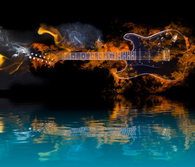 Burning Electric Guitar with reflection in water - obrazy, fototapety, plakaty
