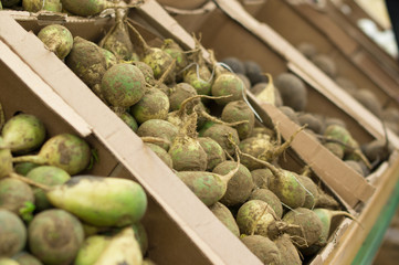 Green radish in boxes in supermarket