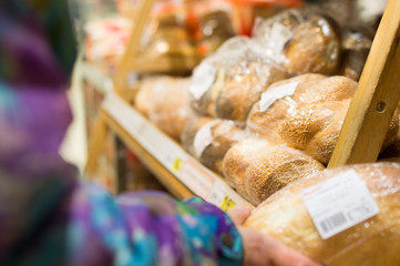 Loaf bread on shelf in supermarket