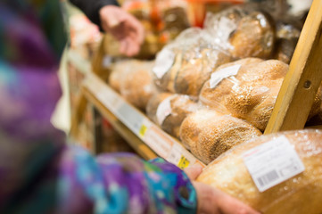 Loaf bread on shelf in supermarket
