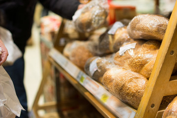 Loaf bread on shelf in supermarket