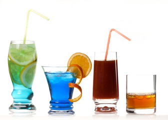 set with different cocktails on white background