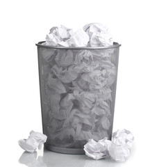 Metal trash bin from paper isolated on white