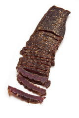South African biltong (beef) isolated on a white background