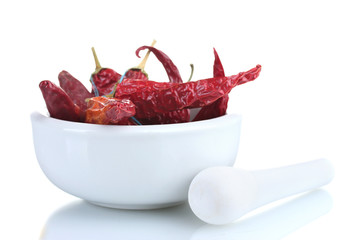 White mortar and pestle with red peppers